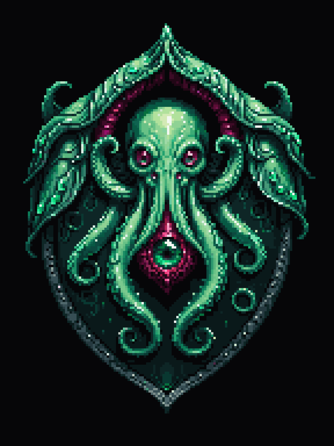 palettized-0181-3606137867-pixel art, cartoon illustration, tentacle green shield, lovecraft, jade Cthulhu, ruby gem eyes, simple black background, game ic.png